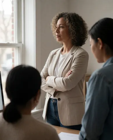 Confident Latina woman in blazer and jeans stands with arms crossed in bright office while colleagues work at computers nearby
