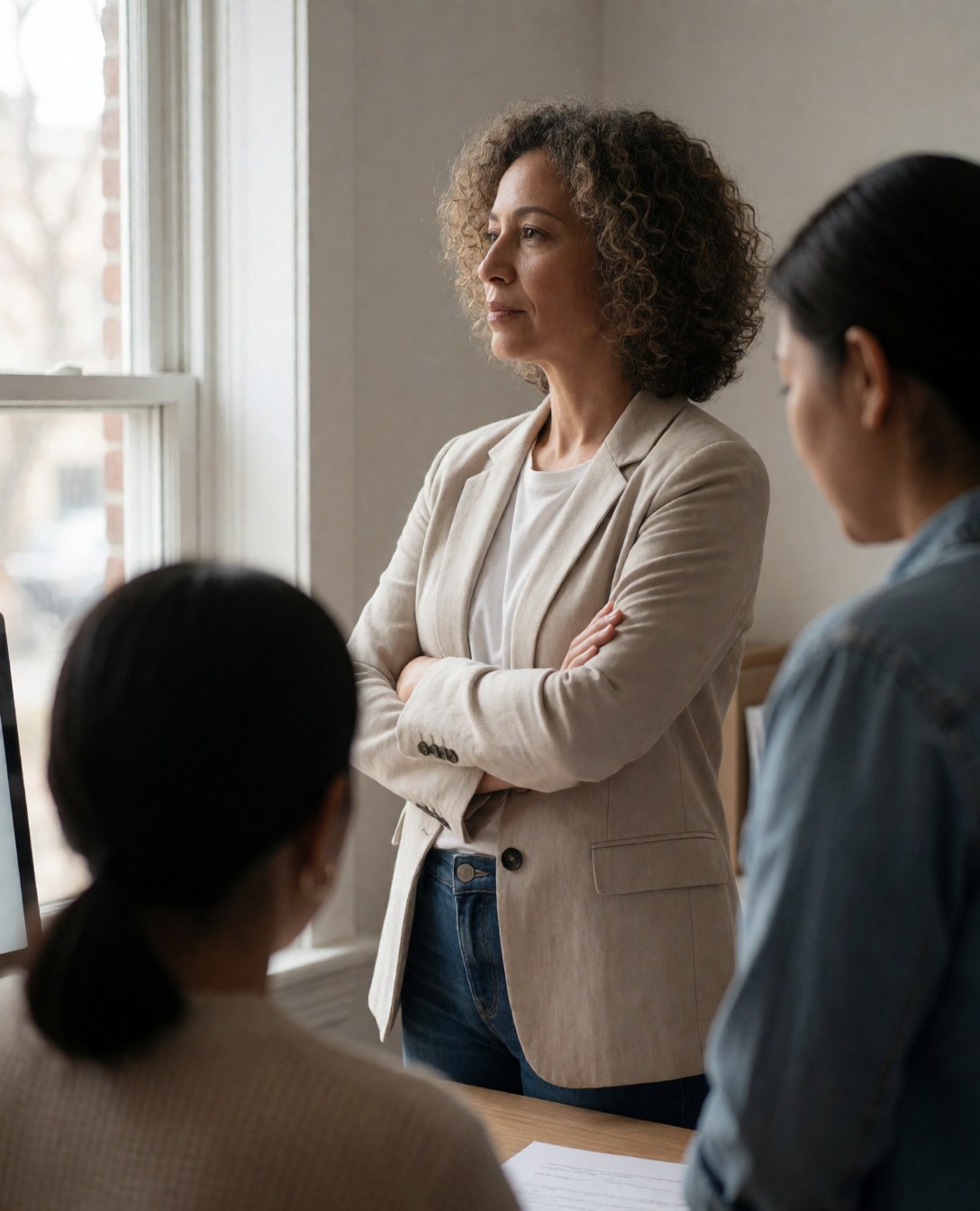 Confident Latina woman in blazer and jeans stands with arms crossed in bright office while colleagues work at computers nearby