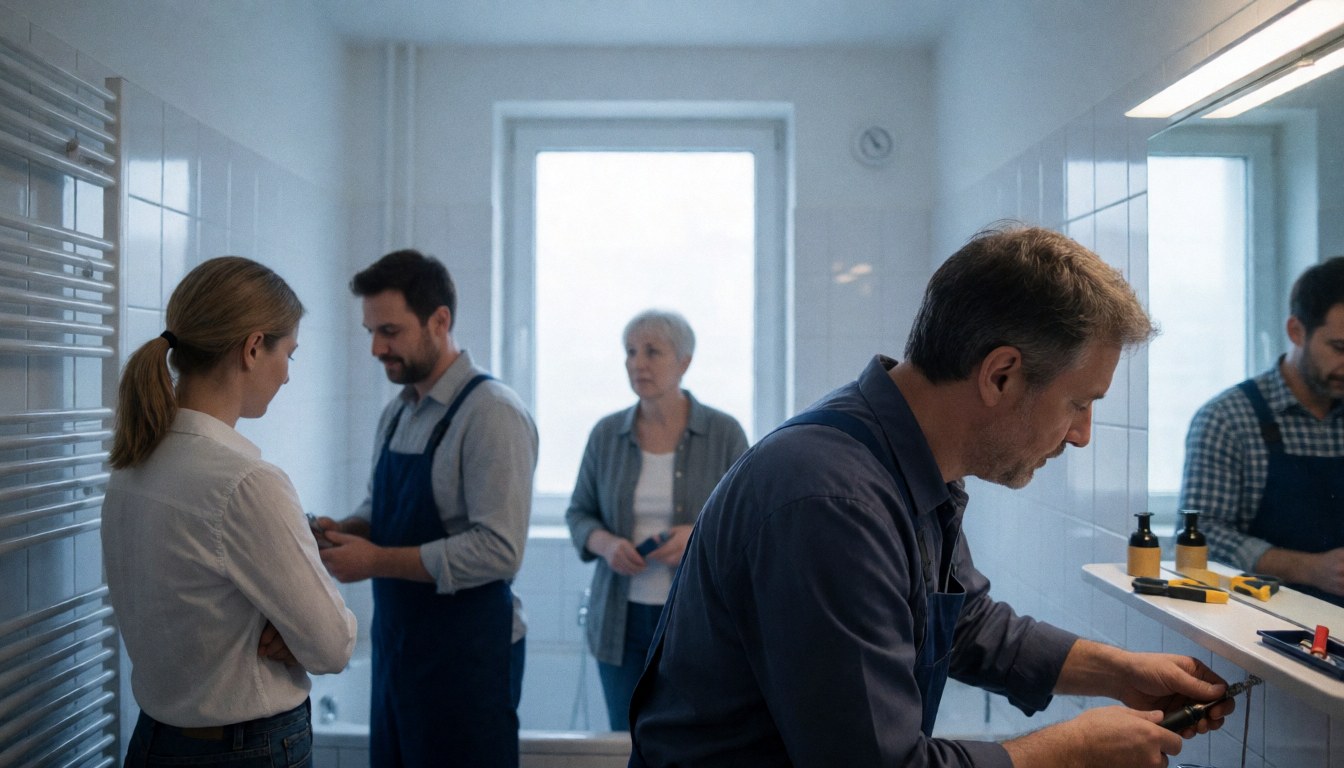 Adult plumber fixing a faucet in a modern bathroom with natural light and space for text at the top