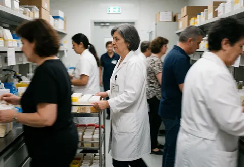 A medical technician pushes a sample cart through a busy clinical laboratory while colleagues work at their stations nearby.