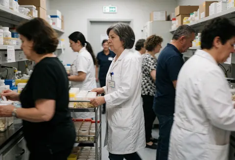 A medical technician pushes a sample cart through a busy clinical laboratory while colleagues work at their stations nearby.