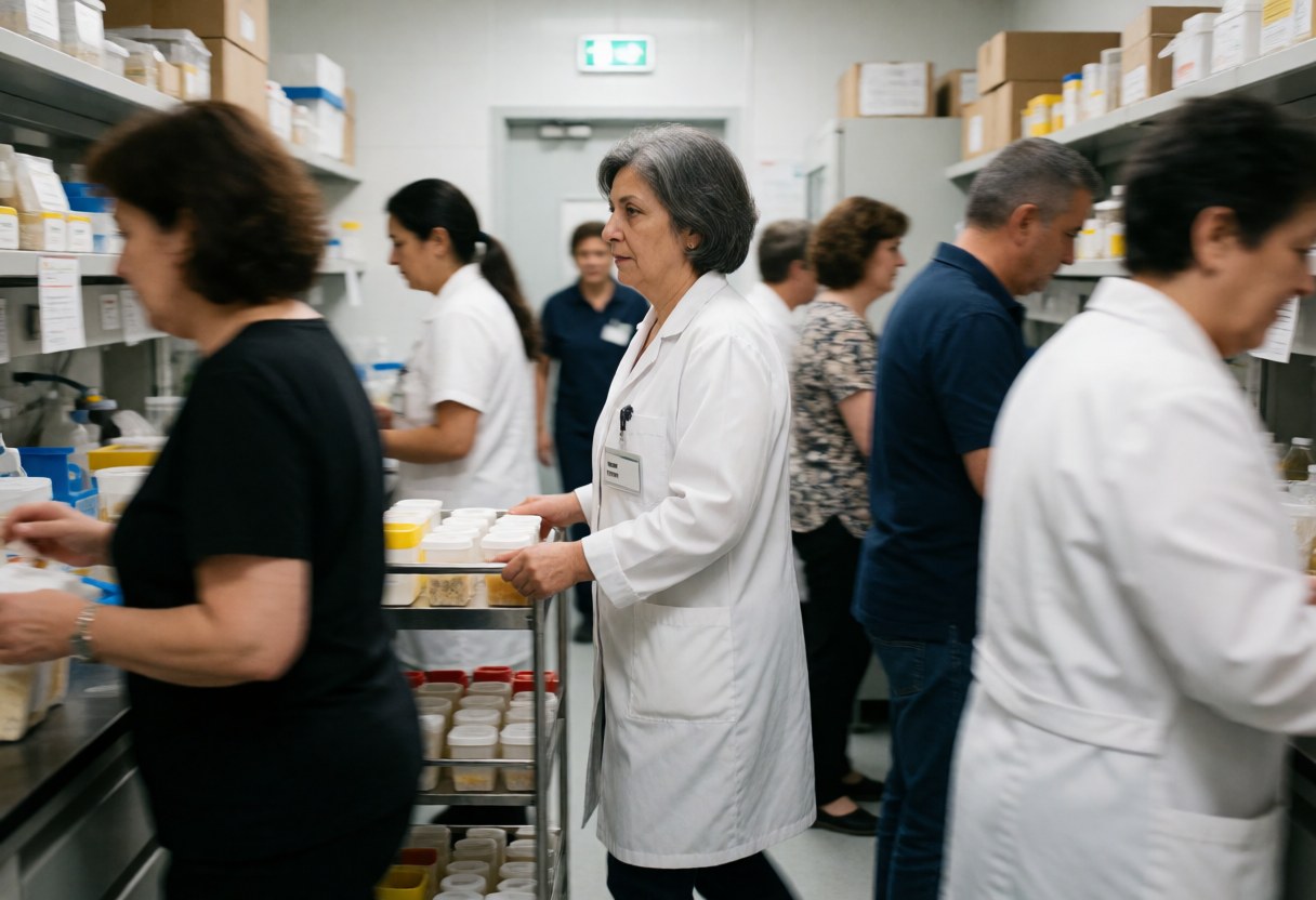 A medical technician pushes a sample cart through a busy clinical laboratory while colleagues work at their stations nearby.