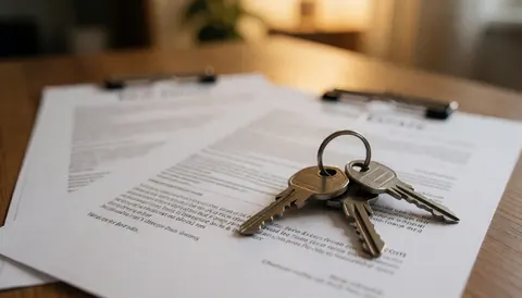 Metal keys resting on real estate documents placed on a wooden table surface