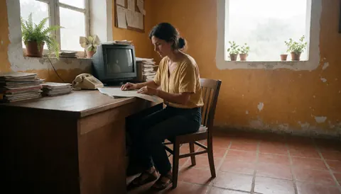 Woman in a travel agency office reviewing a map with a computer and phone, surrounded by plants and terracotta tiles