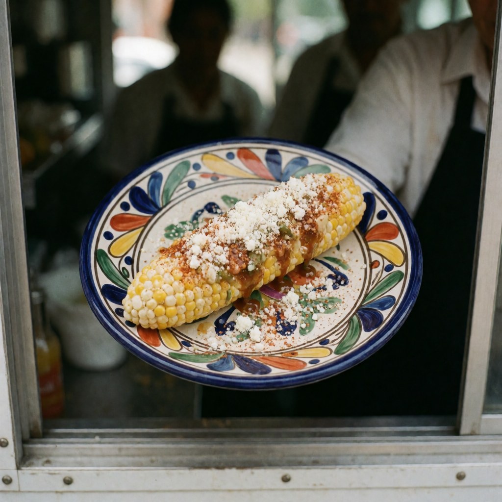 Grilled corn on the cob topped with cotija cheese and chili powder served on a colorful ceramic plate at a food truck