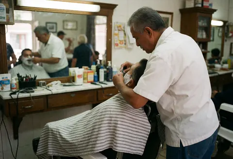 A barber shaving a client in a classic chair with a mirror in an authentic barbershop setting