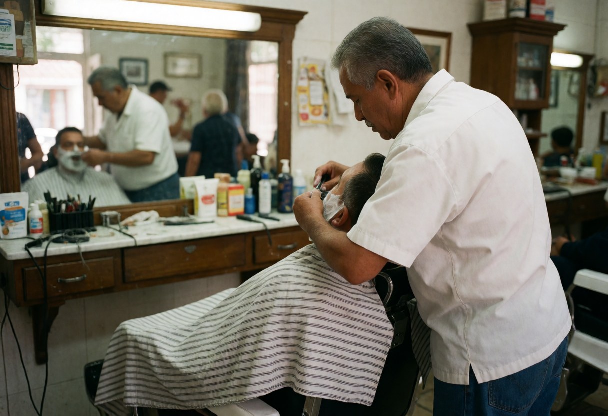 A barber shaving a client in a classic chair with a mirror in an authentic barbershop setting