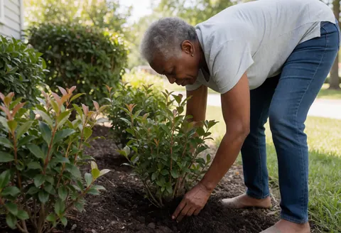 An older woman plants shrubs in a garden with hands in the soil and natural light against a green vegetation background