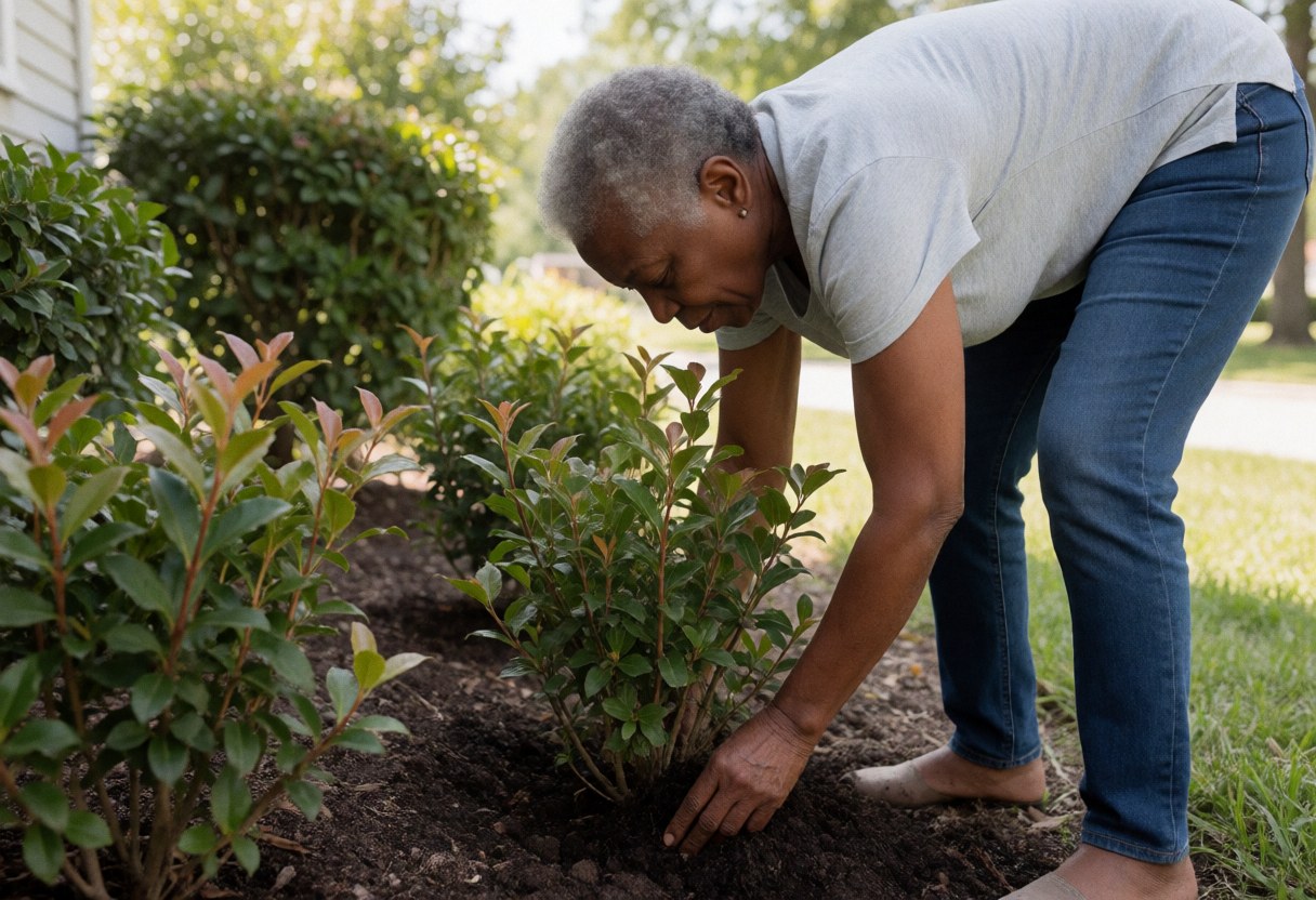 An older woman plants shrubs in a garden with hands in the soil and natural light against a green vegetation background