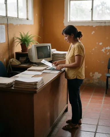 A woman works at a travel agency desk with a computer, documents, and a plant against a worn wall.
