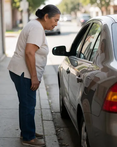 A happy older woman looks at her parked car on a sunny day, with her reflection visible in the window.