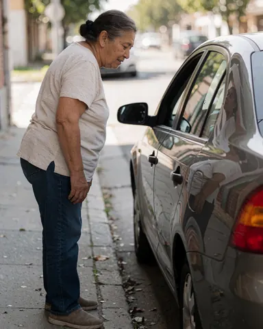 A happy older woman looks at her parked car on a sunny day, with her reflection visible in the window.