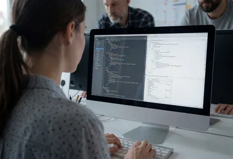 Young woman working on computer showing code and system diagnostics with colleagues in background