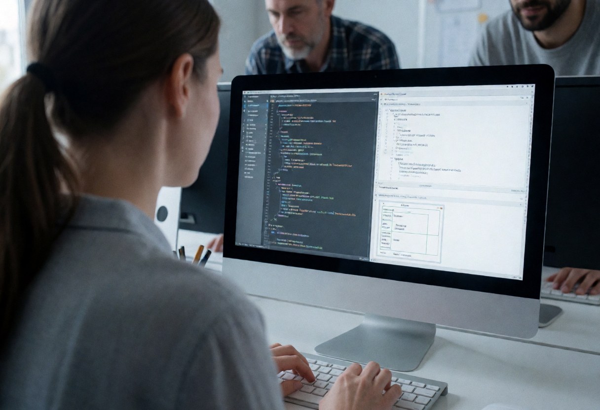 Young woman working on computer showing code and system diagnostics with colleagues in background