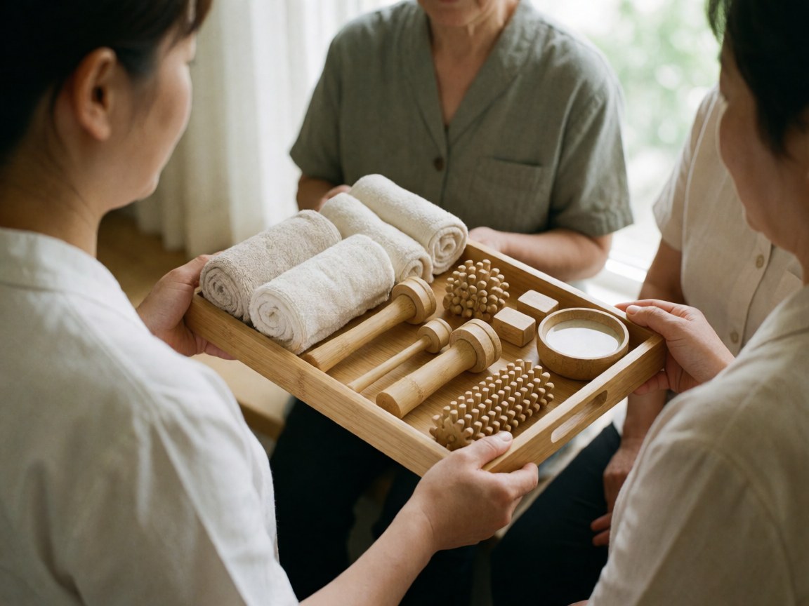 Wooden massage tools and rolled towels arranged on a bamboo tray for a spa or wellness center