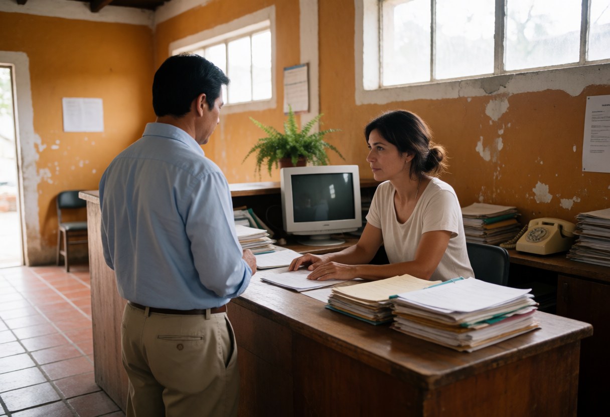 A woman travel agent helps a customer at a wooden desk with a computer, phone, and documents.