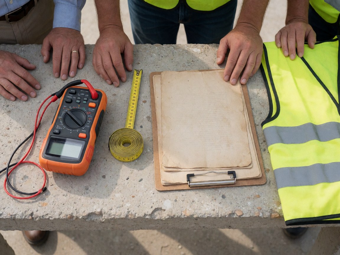 Multimeter, tape measure, and folder on a concrete bench with worker hands and a reflective vest visible
