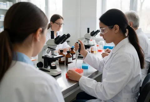 Clinical technician pipetting samples in test tubes with a microscope and reagents visible in a professional laboratory setting