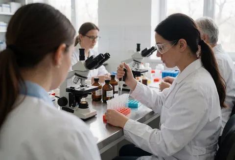 Clinical technician pipetting samples in test tubes with a microscope and reagents visible in a professional laboratory setting