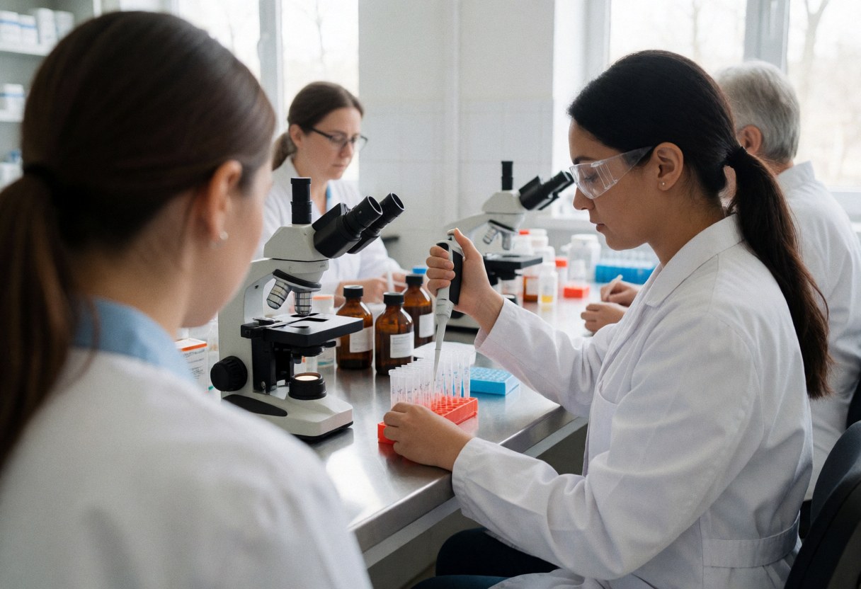 Clinical technician pipetting samples in test tubes with a microscope and reagents visible in a professional laboratory setting