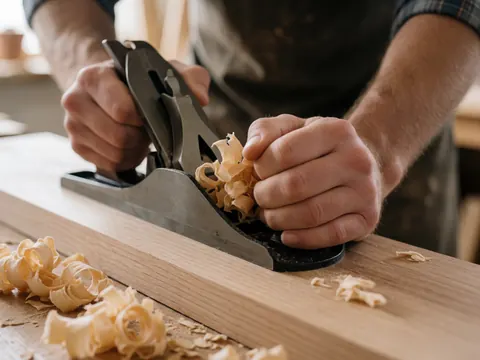 Close-up of carpenter's hands planing wood with shavings on workbench and natural light