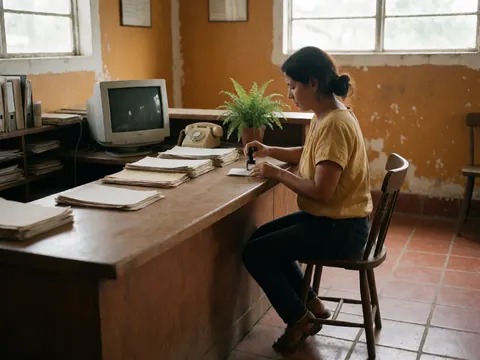 A travel agent stamps a passport on a wooden desk with a computer, phone, and documents nearby