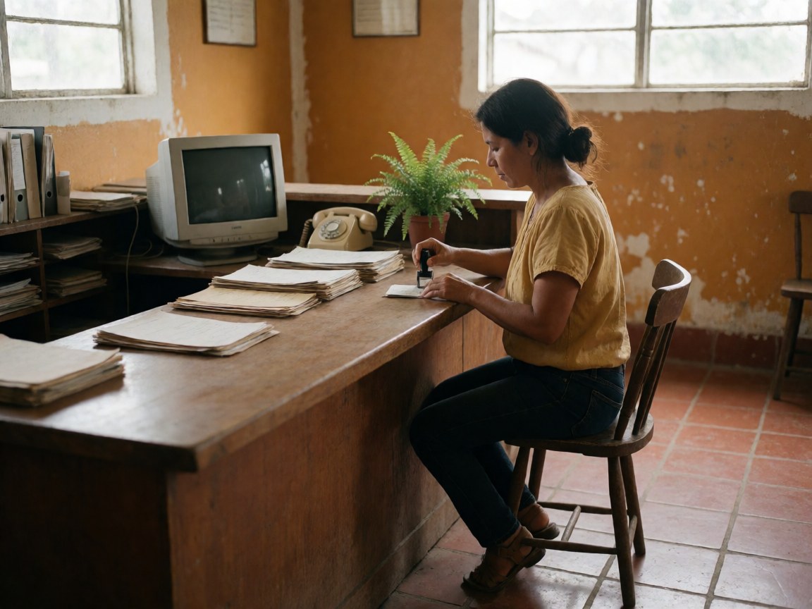 A travel agent stamps a passport on a wooden desk with a computer, phone, and documents nearby