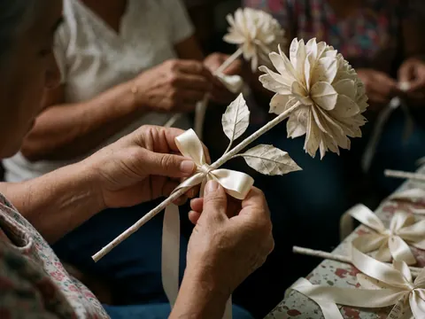 Close-up of elderly hands tying a satin bow on a handmade paper flower in a busy workshop