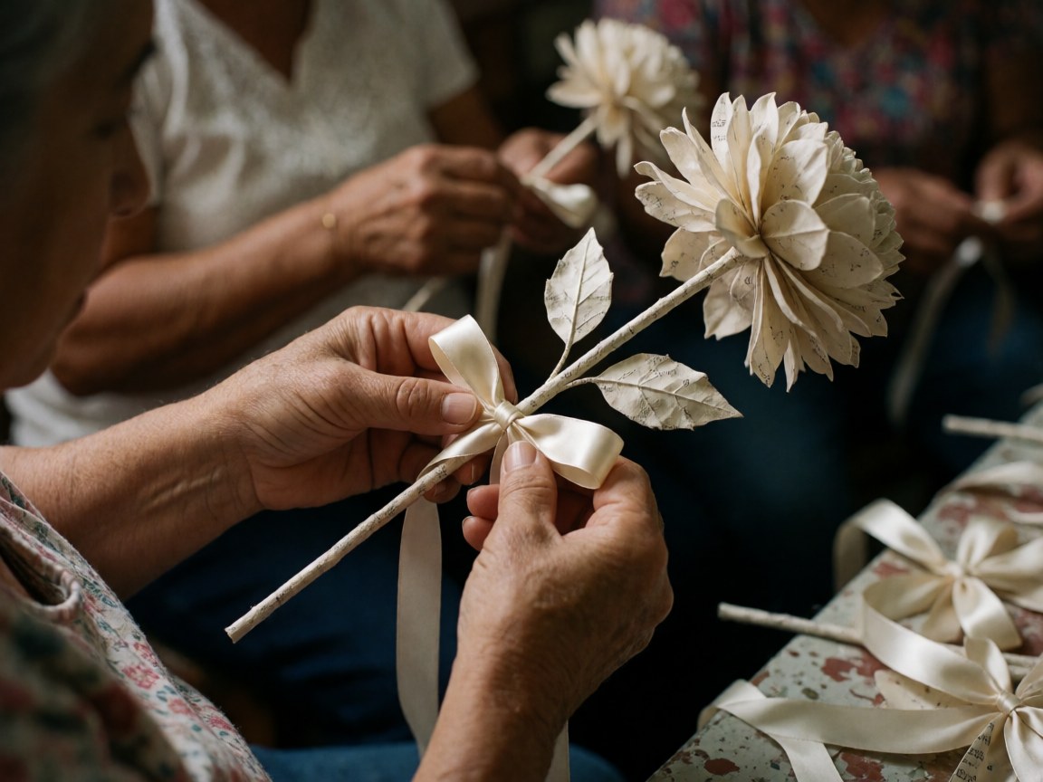 Close-up of elderly hands tying a satin bow on a handmade paper flower in a busy workshop