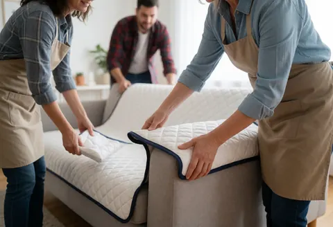 Two movers in aprons wrap a sofa in protective covers while a client watches in the living room