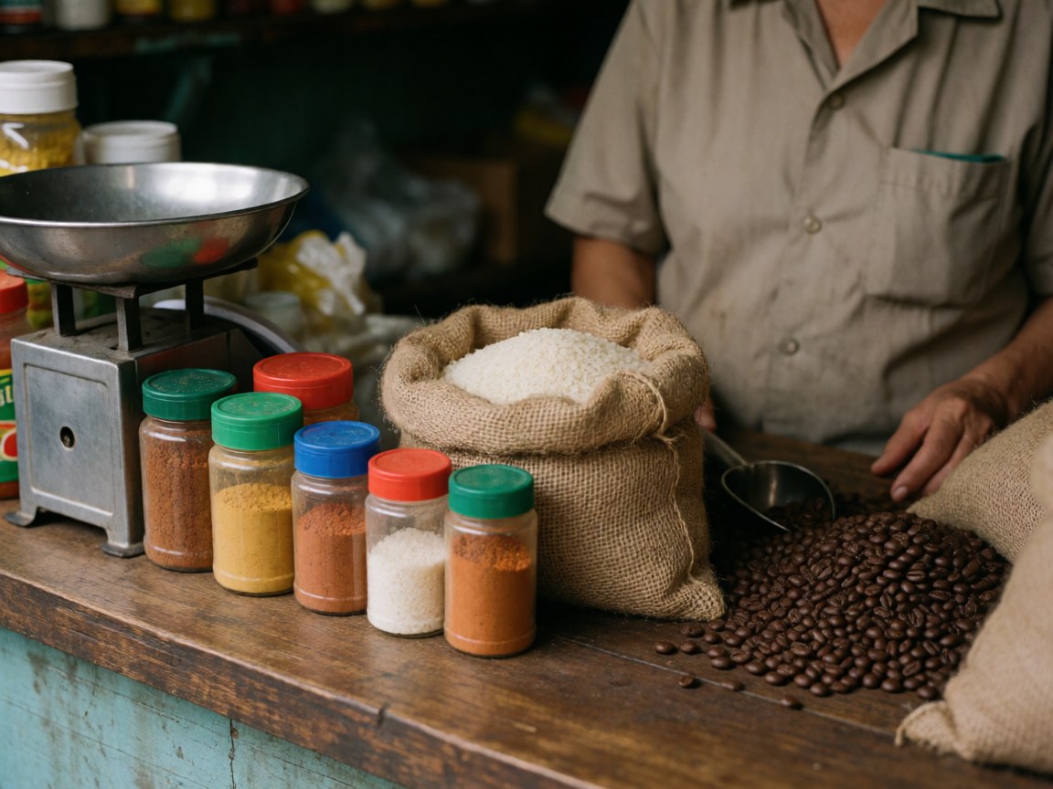 Wooden grocery counter displaying a sack of rice, coffee, spices, and a metal scale on rustic wood