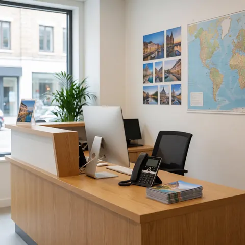 Travel agency reception with a wooden counter, modern computer, telephone, travel brochures, a wall map and a plant in natural daylight.