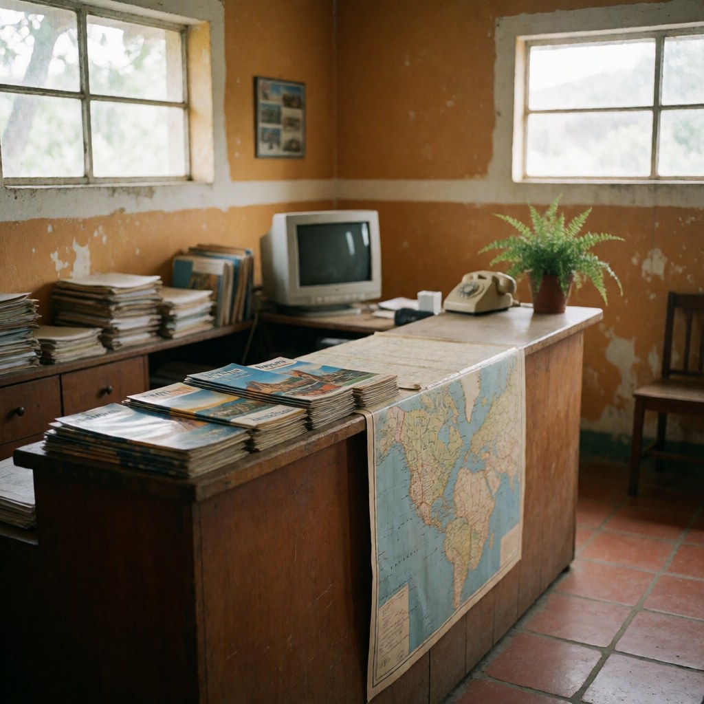 Wooden counter in a travel agency displaying maps and brochures alongside an old computer and rotary phone