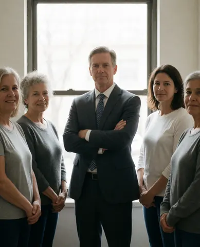 Business team standing in office with arms crossed near window with natural light