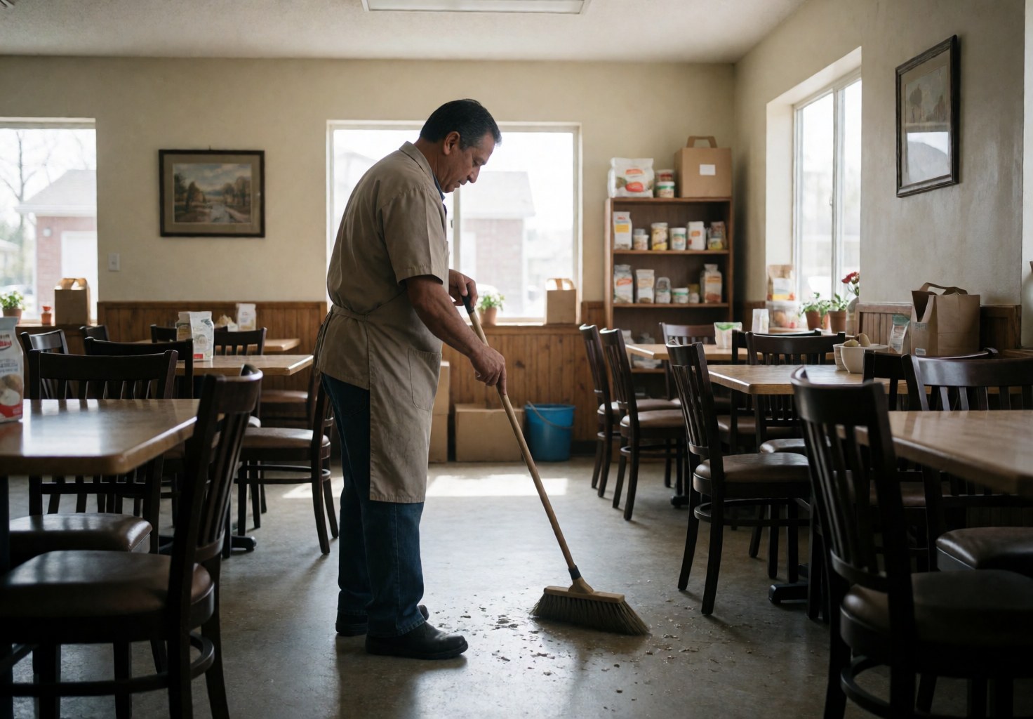 Uniformed employee sweeping the floor in a restaurant with tables and chairs under natural light