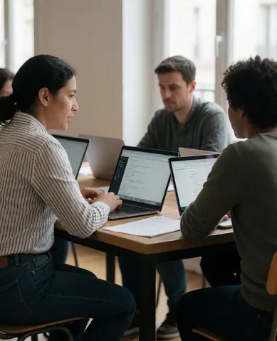 Three people collaborating at a wooden desk with open laptops in a bright professional office setting