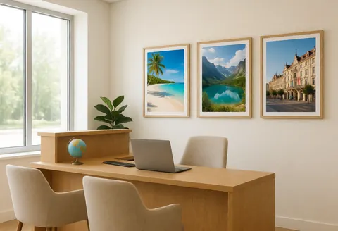 Travel agency interior with a wooden desk, laptop, guest chairs, photographs of travel destinations and a plant beside a bright window.