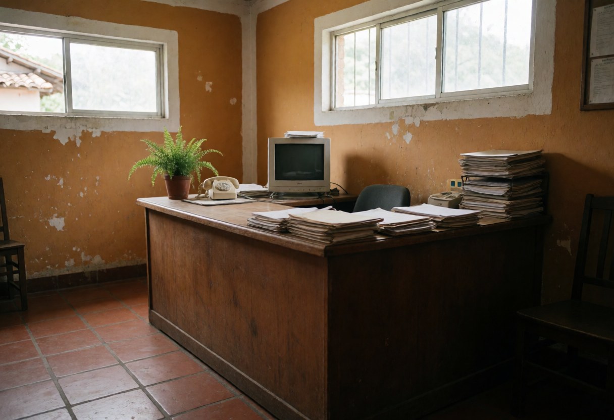 Interior of a travel agency featuring ochre walls, a wooden desk with papers, an old computer, a plant, and windows with natural light.