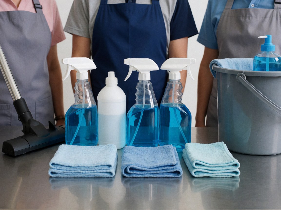 Professional cleaning products including bottles, towels, and a vacuum cleaner arranged on a stainless steel table for commercial use.