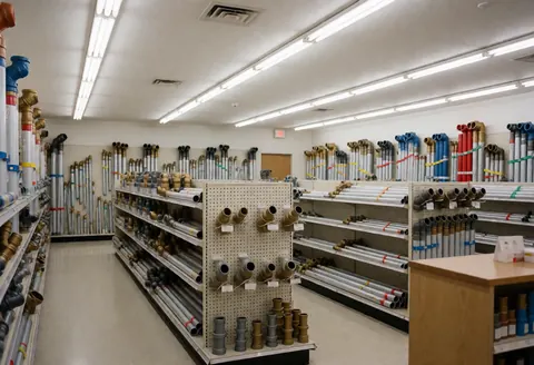 Empty plumbing store interior with shelves full of metal pipes and fittings under fluorescent lighting