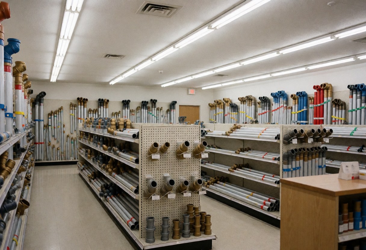 Empty plumbing store interior with shelves full of metal pipes and fittings under fluorescent lighting