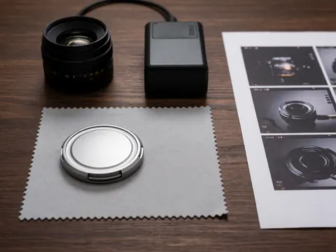 Camera lenses, towels, and photography contacts arranged on a dark wooden table ready for a professional session