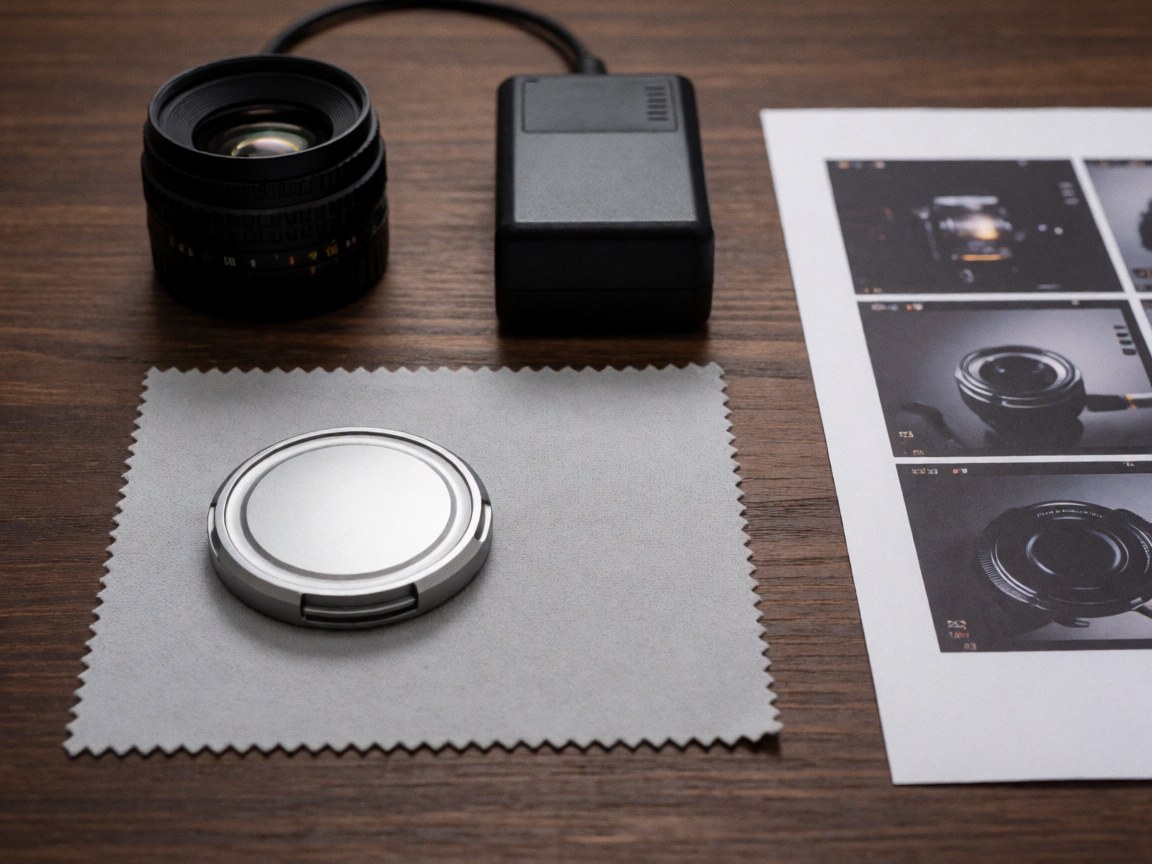 Camera lenses, towels, and photography contacts arranged on a dark wooden table ready for a professional session