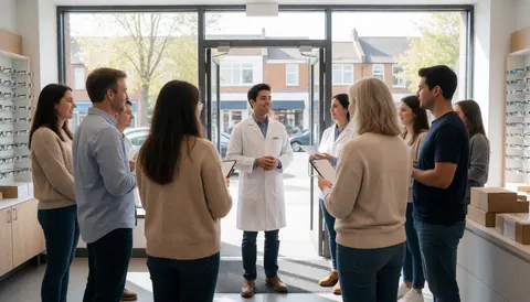 An optometrist in a white coat greets clients at the entrance of a modern optical shop with glasses on display shelves and natural light.