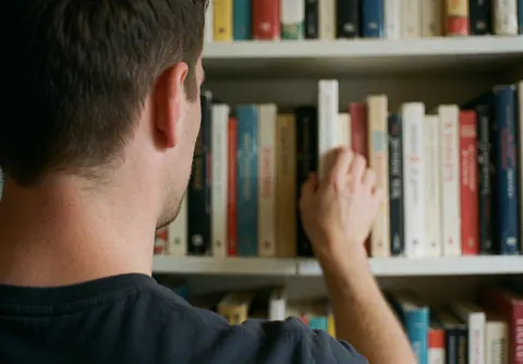 A young man picks out a book from a shelf in a bookstore with blurred books in the background