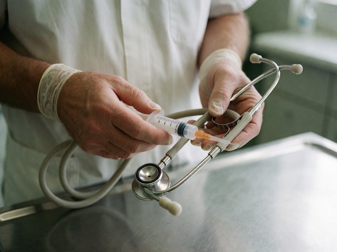 Gloved hands holding a stethoscope and syringe on a veterinary exam table