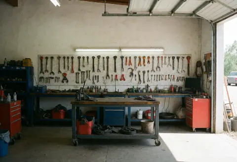 Interior view of a rural machinery repair shop featuring hanging tools, a workbench, and natural light entering through the garage door