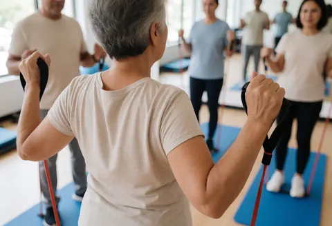 Back view of an older woman exercising with resistance bands in a fitness class with blurred background
