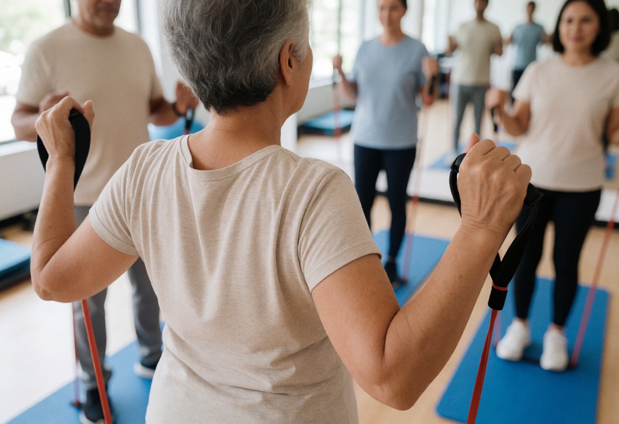 Back view of an older woman exercising with resistance bands in a fitness class with blurred background