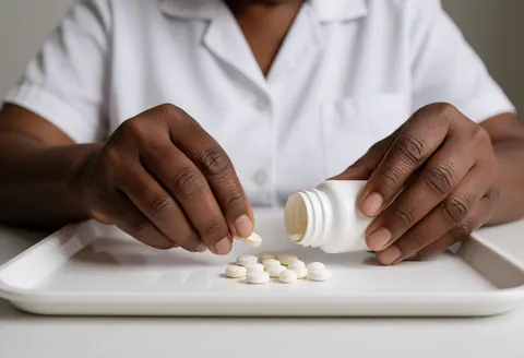 A pharmacist counts pills on a white tray while holding a bottle, demonstrating precision and care in a professional pharmacy setting.